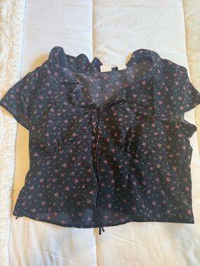 Levi's Black Blouse with Pink Floral Ruffle Tie